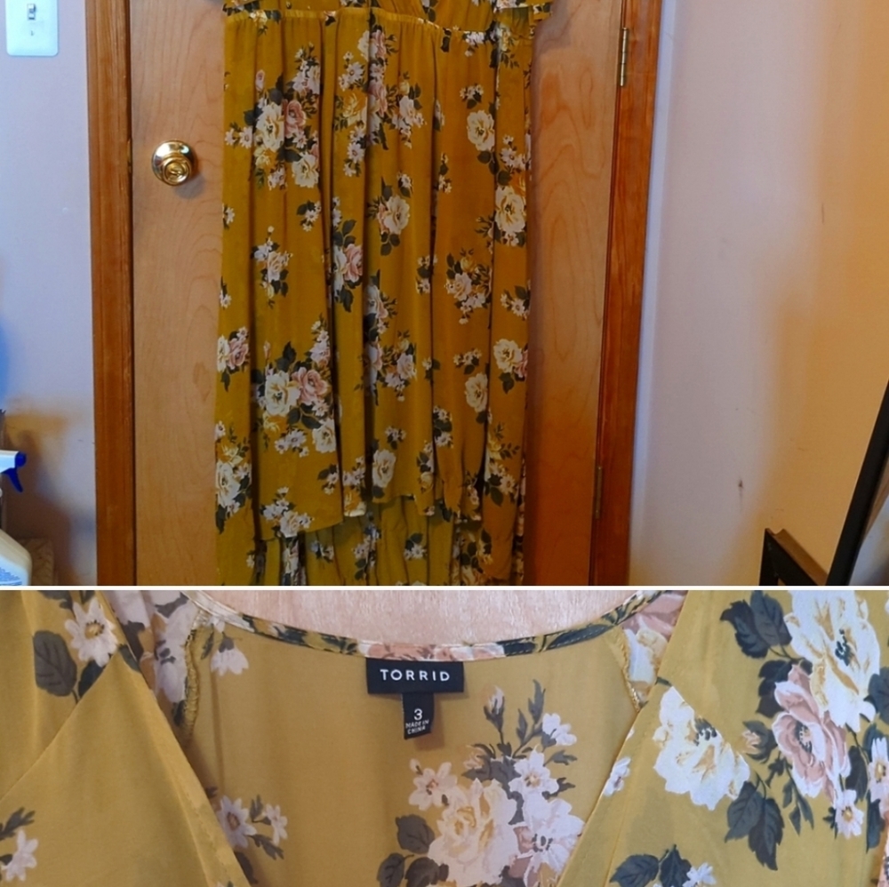 Torrid 3x chiffon mustard floral hi low dress